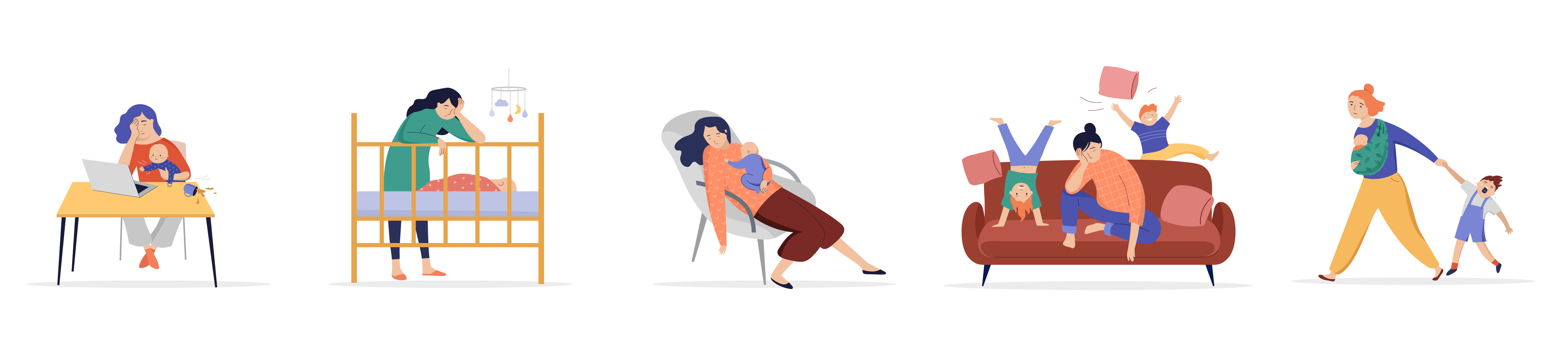 Puerpério - ilustração onde mostra diversas mães em inúmeras situações de cansaço, atividades etc
