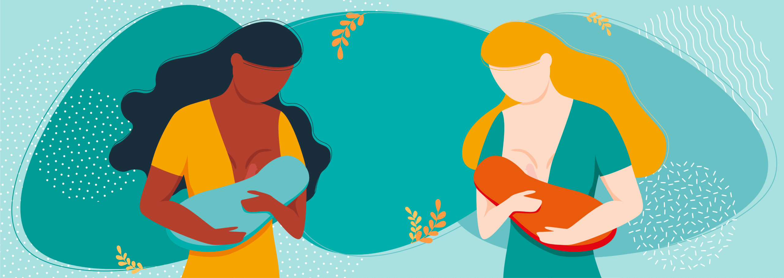 Imagem ilustrativa mostrando duas mães segurando seus filhos para amamentar com leite materno