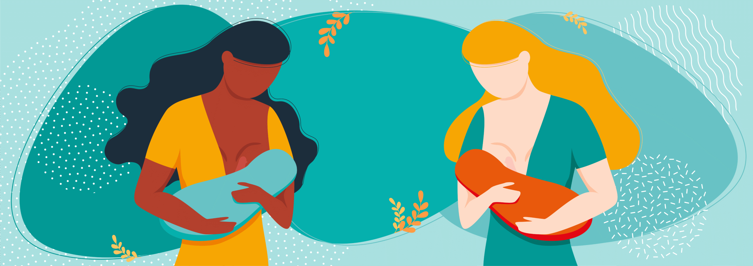 Imagem ilustrativa mostrando duas mães segurando seus filhos durante o processo de amamentação com leite materno