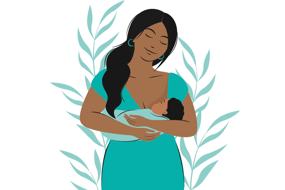 Ilustração de uma mulher preta segurando e amamentando um bebê que é uma das formas de nutrição infantil